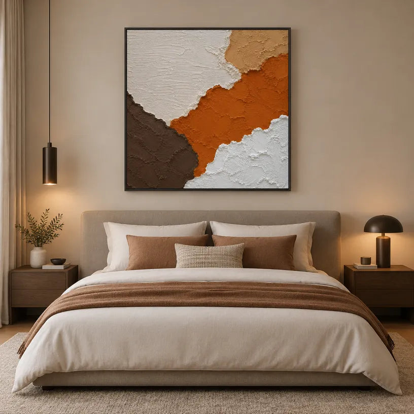 Wabi-Sabi abstract oil painting showing layered abstract marks, texture and expressive painterly movement in a orange palette.