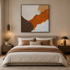 Wabi-Sabi abstract oil painting showing layered abstract marks, texture and expressive painterly movement in a orange palette.