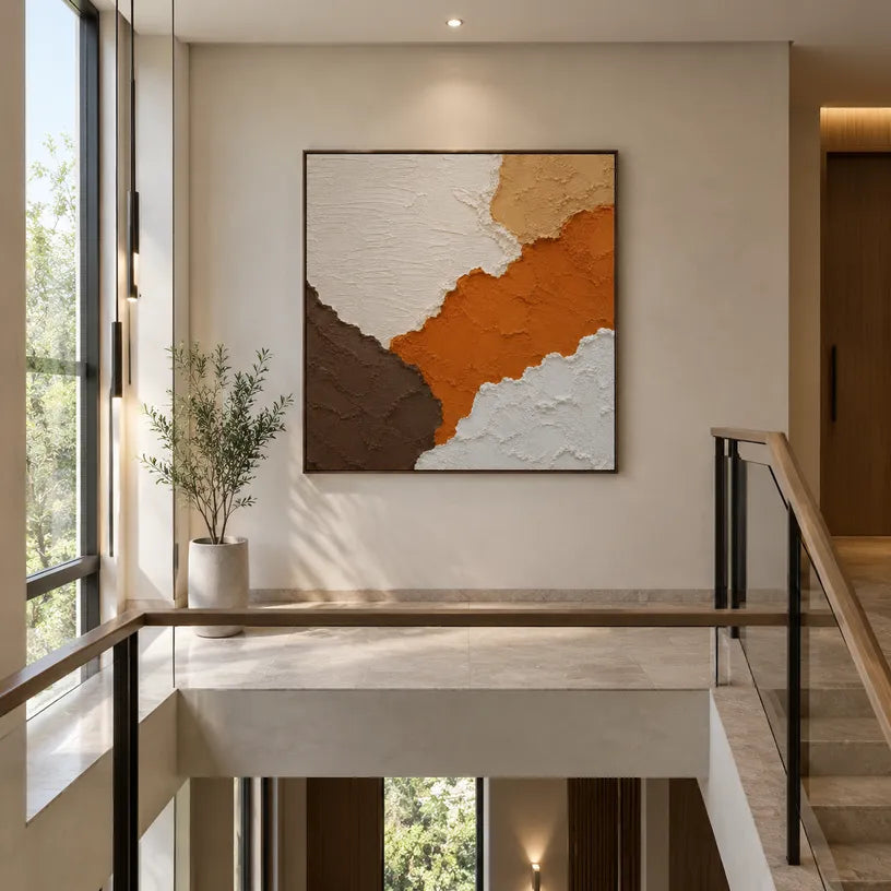 Wabi-Sabi abstract oil painting showing layered abstract marks, texture and expressive painterly movement in a orange palette.