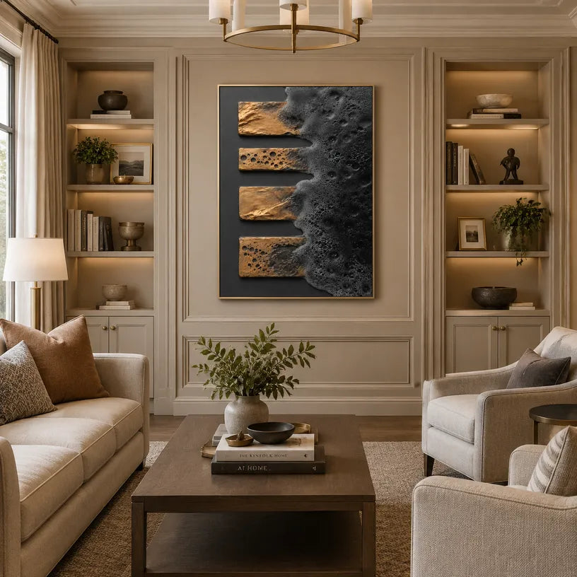 Wabi-Sabi abstract oil painting showing layered abstract marks, texture and expressive painterly movement in a black palette.