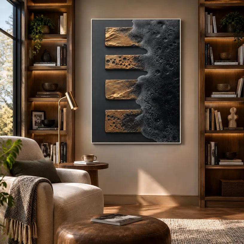 Wabi-Sabi abstract oil painting showing layered abstract marks, texture and expressive painterly movement in a black palette.