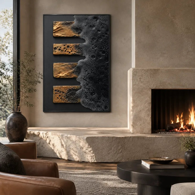 Wabi-Sabi abstract oil painting showing layered abstract marks, texture and expressive painterly movement in a black palette.