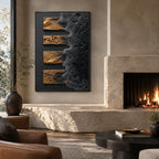Wabi-Sabi abstract oil painting showing layered abstract marks, texture and expressive painterly movement in a black palette.
