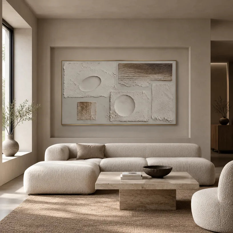 Wabi-Sabi abstract oil painting showing layered abstract marks, texture and expressive painterly movement in a brown palette.
