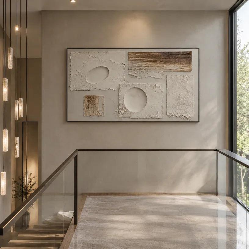 Wabi-Sabi abstract oil painting showing layered abstract marks, texture and expressive painterly movement in a brown palette.