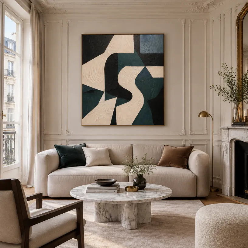 Wabi-Sabi abstract oil painting showing layered abstract marks, texture and expressive painterly movement in a beige palette.
