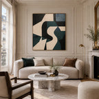 Wabi-Sabi abstract oil painting showing layered abstract marks, texture and expressive painterly movement in a beige palette.