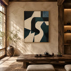 Wabi-Sabi abstract oil painting showing layered abstract marks, texture and expressive painterly movement in a beige palette.
