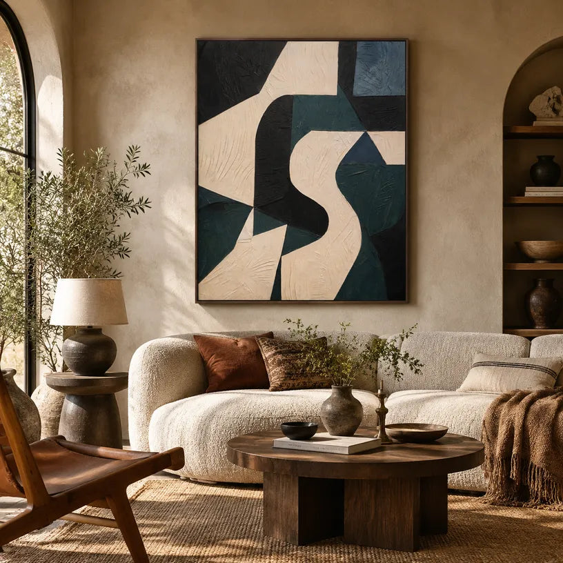 Wabi-Sabi abstract oil painting showing layered abstract marks, texture and expressive painterly movement in a beige palette.