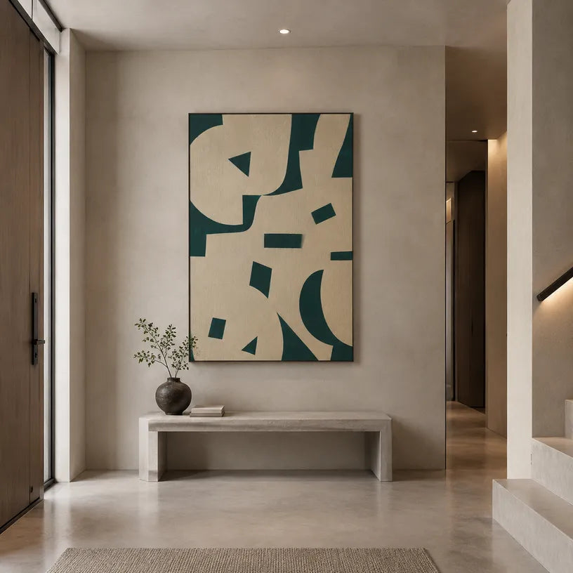 Wabi-Sabi abstract oil painting showing layered abstract marks, texture and expressive painterly movement in a beige palette.
