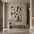Wabi-Sabi abstract oil painting showing layered abstract marks, texture and expressive painterly movement in a beige palette.