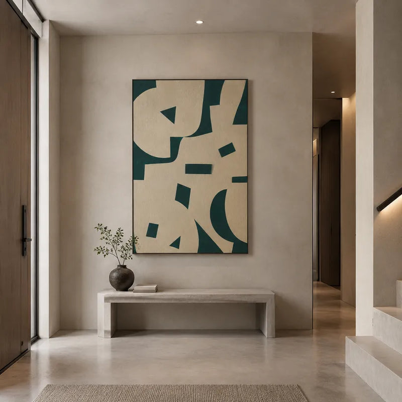 Pintura al óleo abstracta y conceptual Wabi-Sabi que presenta marcas abstractas en capas, textura y movimiento pictórico expresivo en una paleta beige.