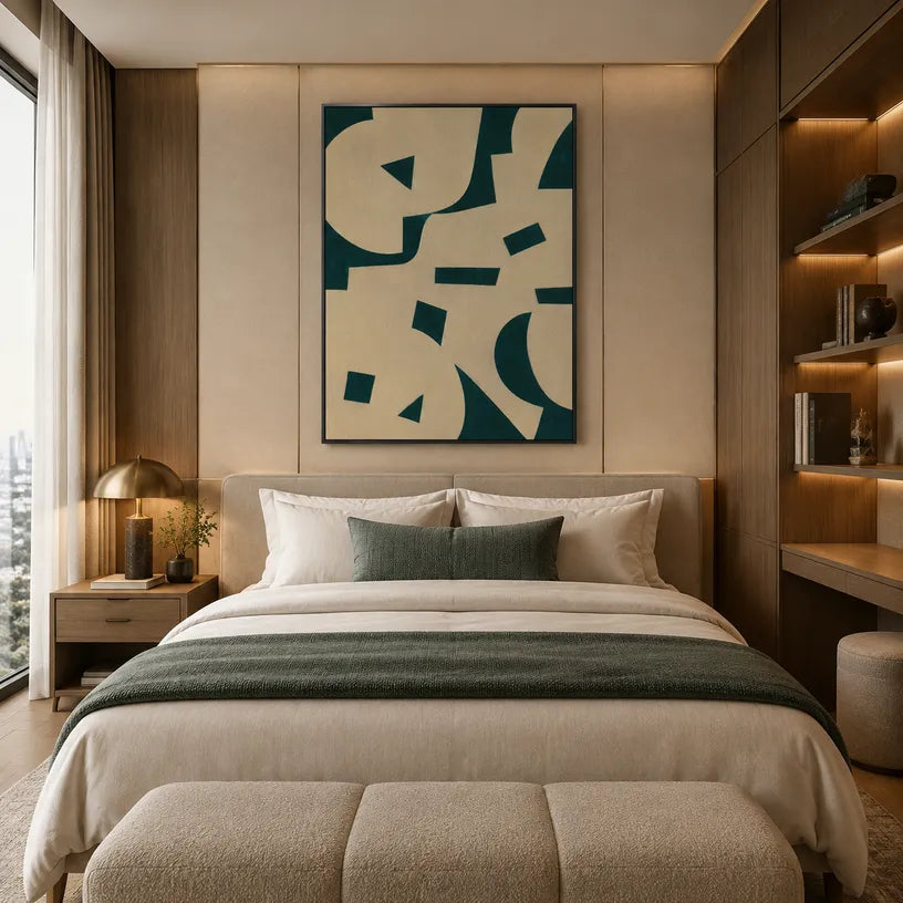 Wabi-Sabi abstract oil painting showing layered abstract marks, texture and expressive painterly movement in a beige palette.