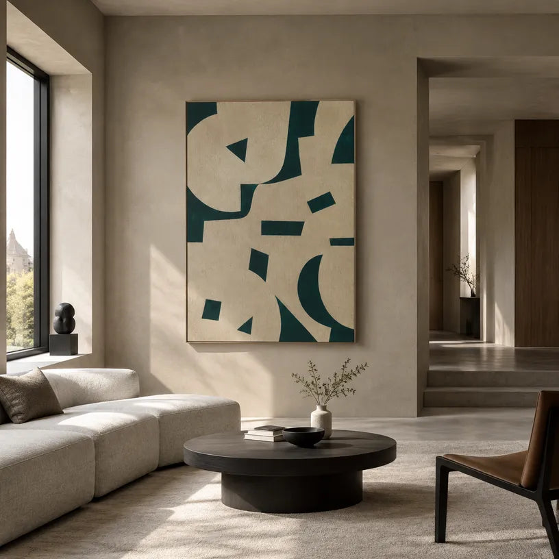 Wabi-Sabi abstract oil painting showing layered abstract marks, texture and expressive painterly movement in a beige palette.