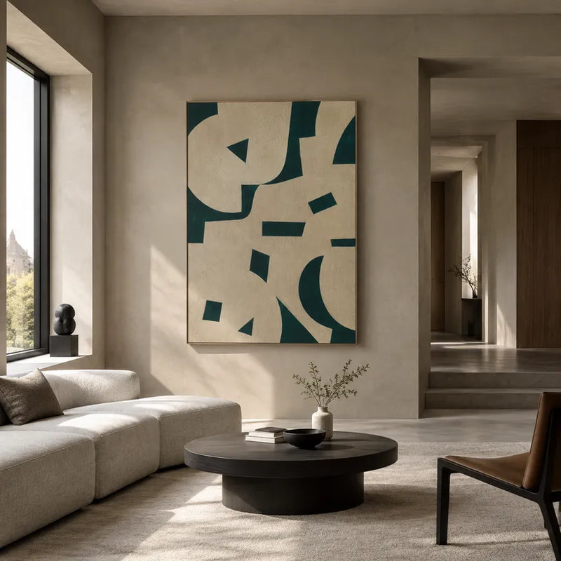 Pintura al óleo abstracta y conceptual Wabi-Sabi que presenta marcas abstractas en capas, textura y movimiento pictórico expresivo en una paleta beige.