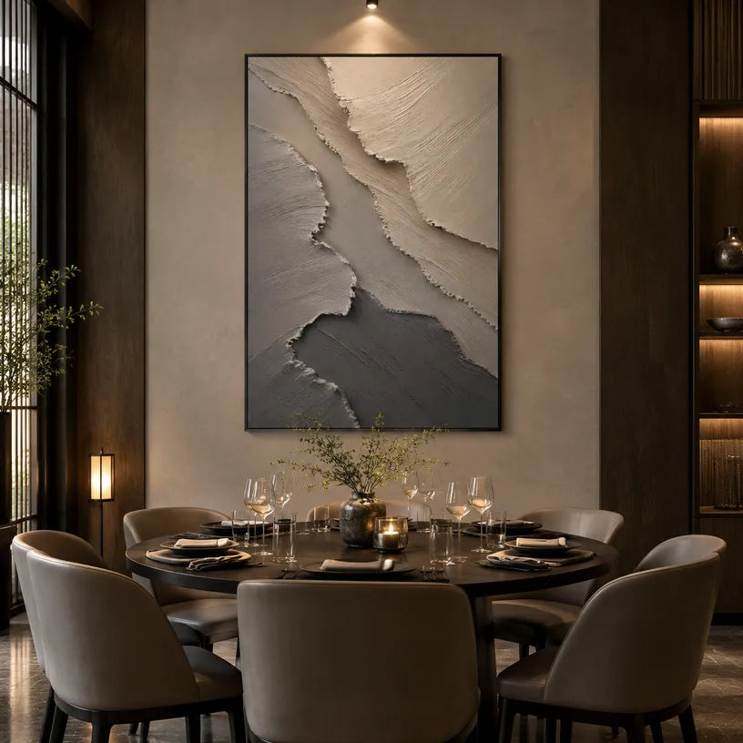 Wabi-Sabi abstract oil painting showing layered abstract marks, texture and expressive painterly movement in a brown palette.