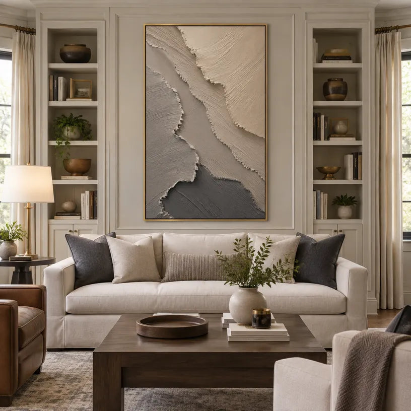 Wabi-Sabi abstract oil painting showing layered abstract marks, texture and expressive painterly movement in a brown palette.