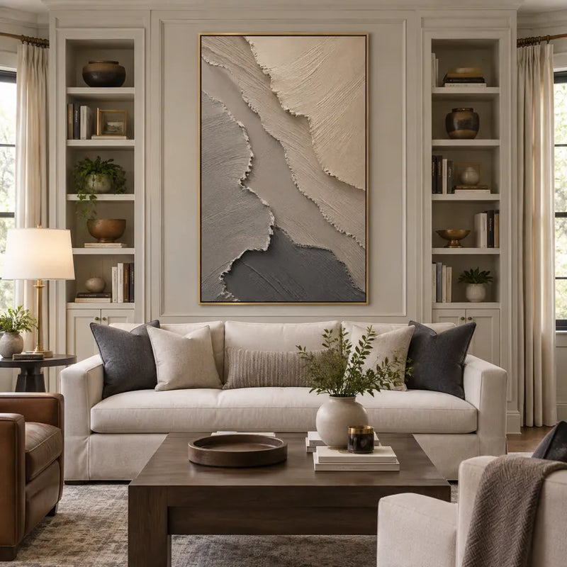 Peinture à l'huile abstraite et conceptuelle Wabi-Sabi présentant des marques abstraites superposées, une texture et un mouvement pictural expressif dans une palette beige.