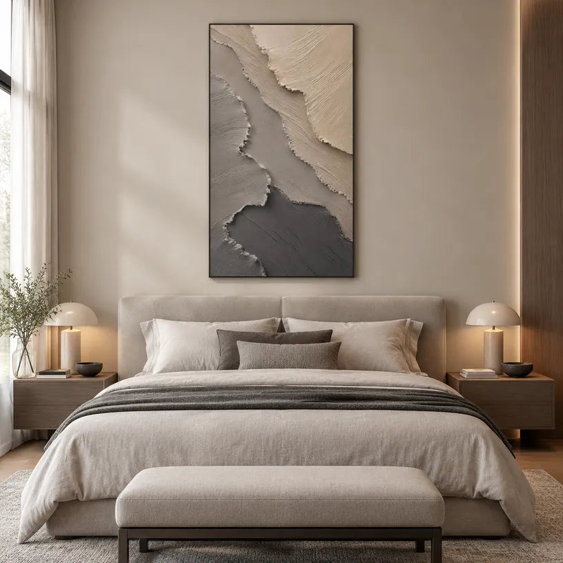 Wabi-Sabi abstract oil painting showing layered abstract marks, texture and expressive painterly movement in a brown palette.