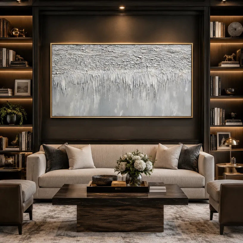Wabi-Sabi abstract oil painting showing layered abstract marks, texture and expressive painterly movement in a grey palette.