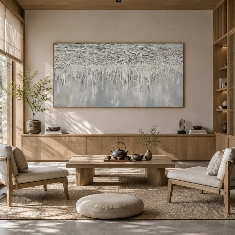 Wabi-Sabi abstract oil painting showing layered abstract marks, texture and expressive painterly movement in a grey palette.