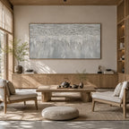 Wabi-Sabi abstract oil painting showing layered abstract marks, texture and expressive painterly movement in a grey palette.