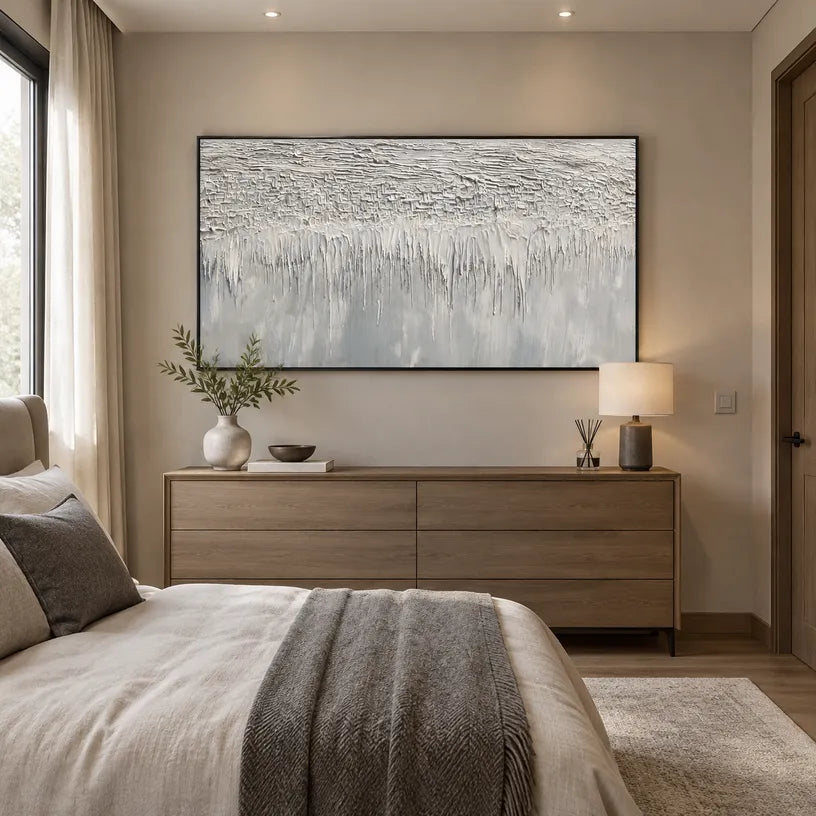Wabi-Sabi abstract oil painting showing layered abstract marks, texture and expressive painterly movement in a grey palette.