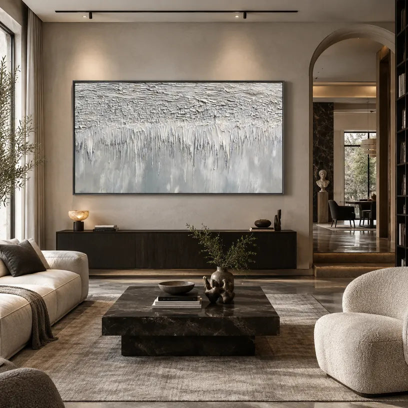 Wabi-Sabi abstract oil painting showing layered abstract marks, texture and expressive painterly movement in a grey palette.