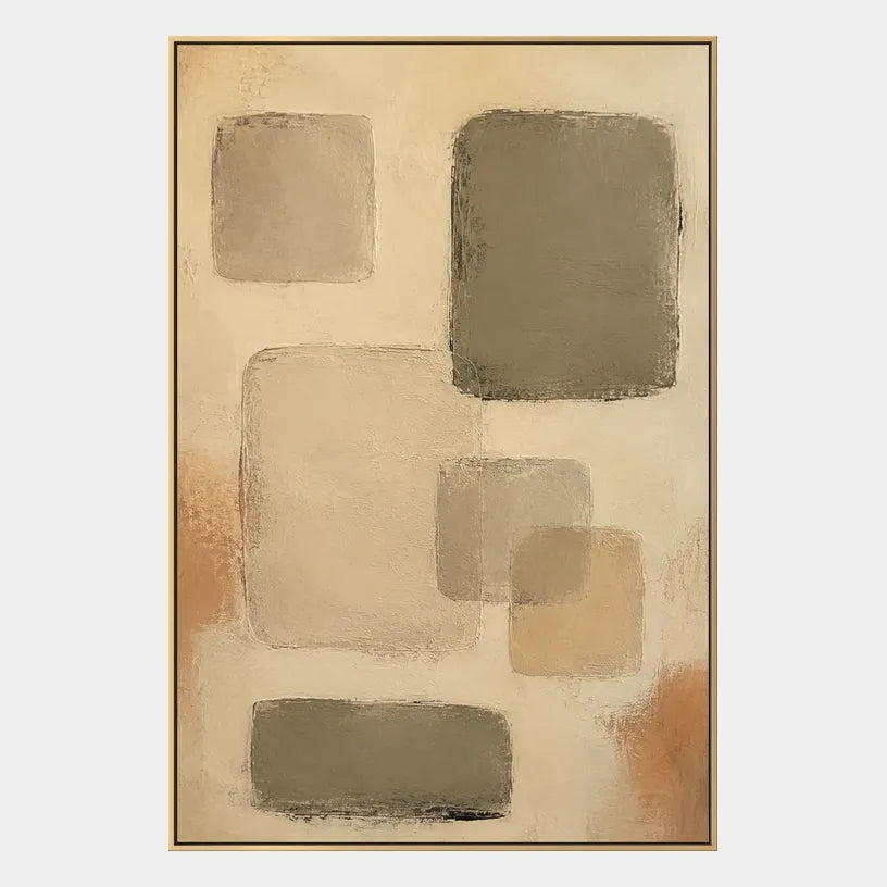 Wabi-Sabi abstract oil painting showing layered abstract marks, texture and expressive painterly movement in a brown palette.