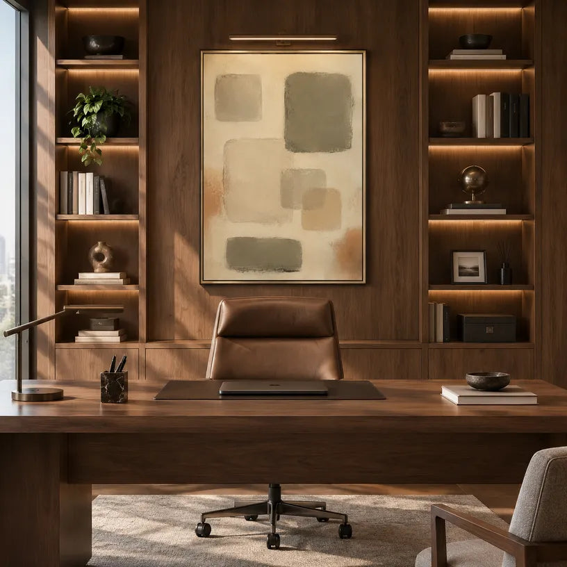 Wabi-Sabi abstract oil painting showing layered abstract marks, texture and expressive painterly movement in a brown palette.