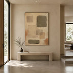 Wabi-Sabi abstract oil painting showing layered abstract marks, texture and expressive painterly movement in a brown palette.