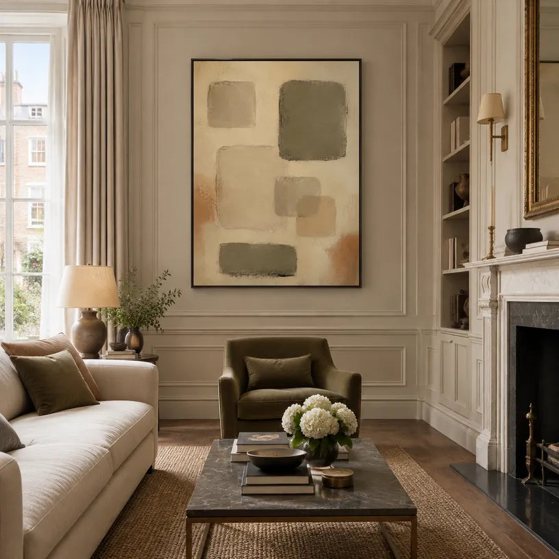 Wabi-Sabi abstract oil painting showing layered abstract marks, texture and expressive painterly movement in a brown palette.
