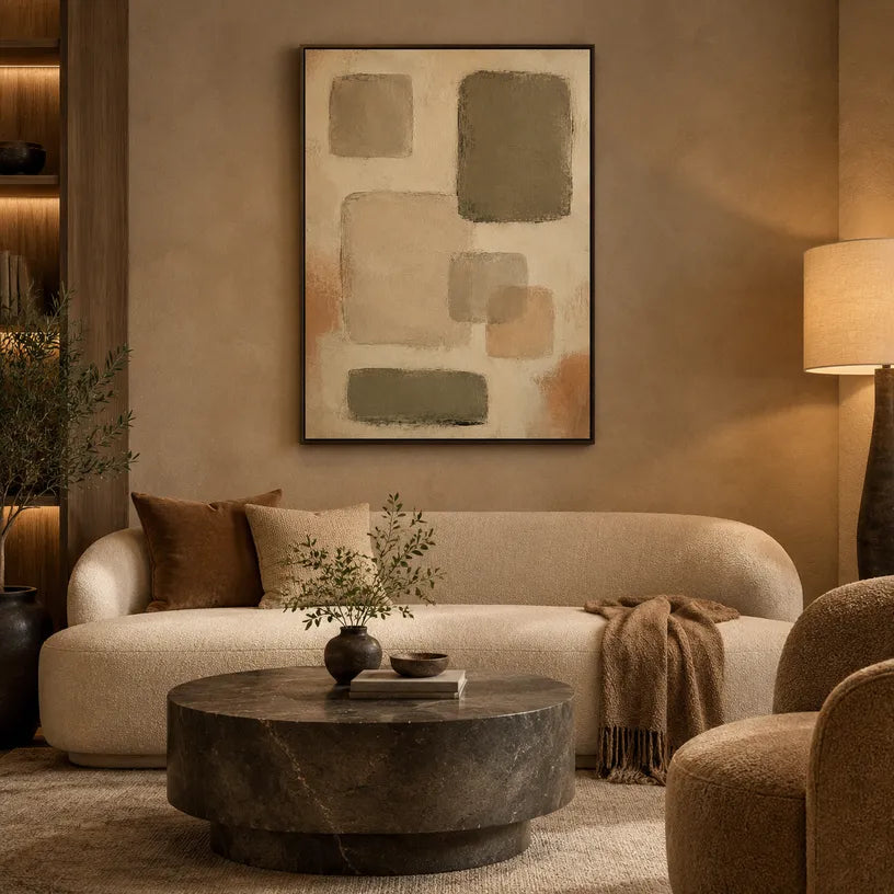 Wabi-Sabi abstract oil painting showing layered abstract marks, texture and expressive painterly movement in a brown palette.