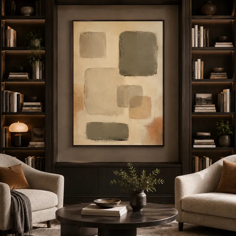 Wabi-Sabi abstract oil painting showing layered abstract marks, texture and expressive painterly movement in a brown palette.