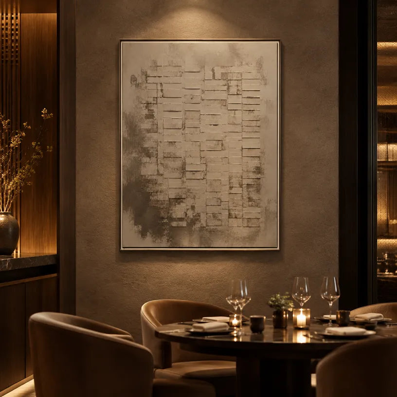Wabi-Sabi abstract oil painting showing layered abstract marks, texture and expressive painterly movement in a brown palette.