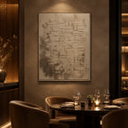 Wabi-Sabi abstract oil painting showing layered abstract marks, texture and expressive painterly movement in a brown palette.