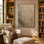 Wabi-Sabi abstract oil painting showing layered abstract marks, texture and expressive painterly movement in a brown palette.