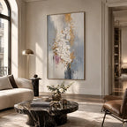 Wabi-Sabi abstract oil painting showing layered abstract marks, texture and expressive painterly movement in a grey palette.