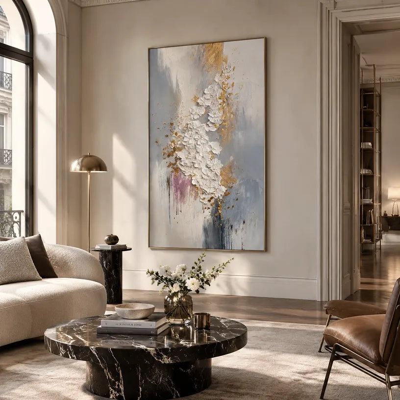 Wabi-Sabi abstract oil painting showing layered abstract marks, texture and expressive painterly movement in a grey palette.