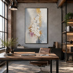 Wabi-Sabi abstract oil painting showing layered abstract marks, texture and expressive painterly movement in a grey palette.