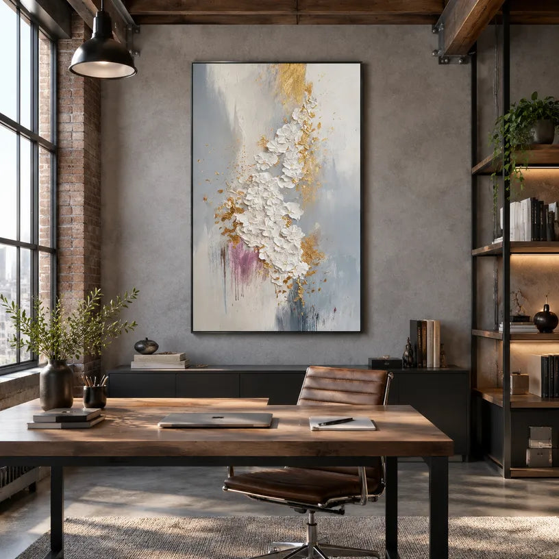 Wabi-Sabi abstract oil painting showing layered abstract marks, texture and expressive painterly movement in a grey palette.