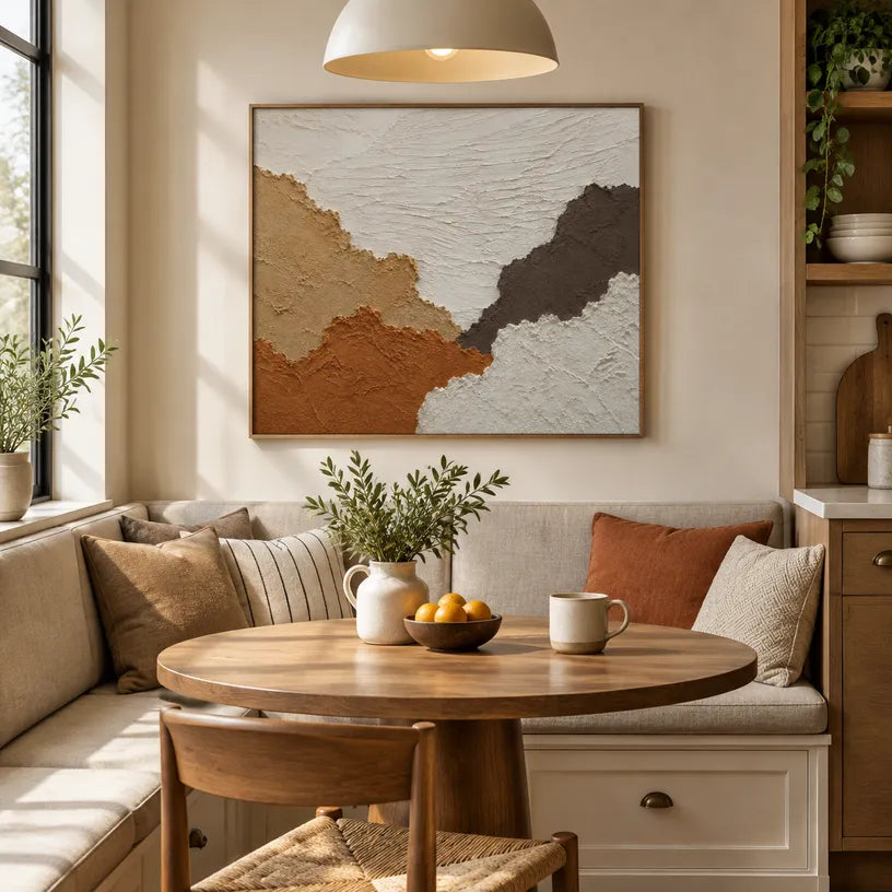 Wabi-Sabi abstract oil painting showing layered abstract marks, texture and expressive painterly movement in a brown palette.