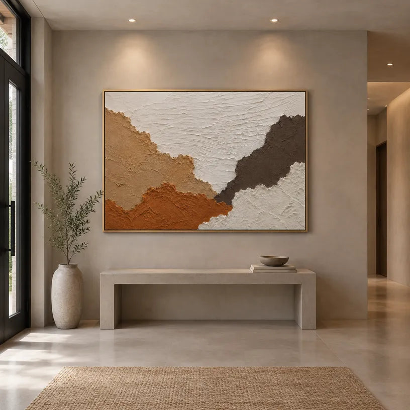 Wabi-Sabi abstract oil painting showing layered abstract marks, texture and expressive painterly movement in a brown palette.