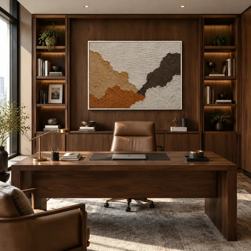 Wabi-Sabi abstract oil painting showing layered abstract marks, texture and expressive painterly movement in a brown palette.