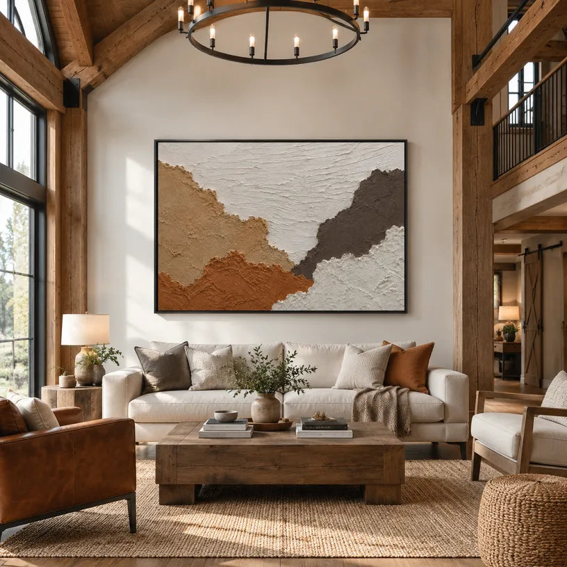 Wabi-Sabi abstract oil painting showing layered abstract marks, texture and expressive painterly movement in a brown palette.
