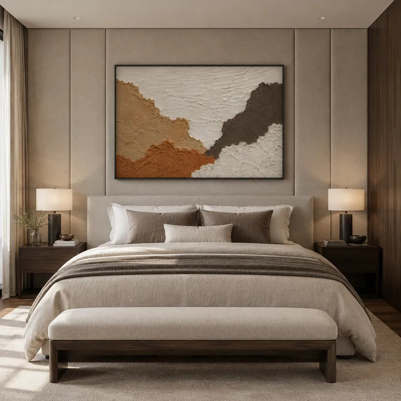 Wabi-Sabi abstract oil painting showing layered abstract marks, texture and expressive painterly movement in a brown palette.