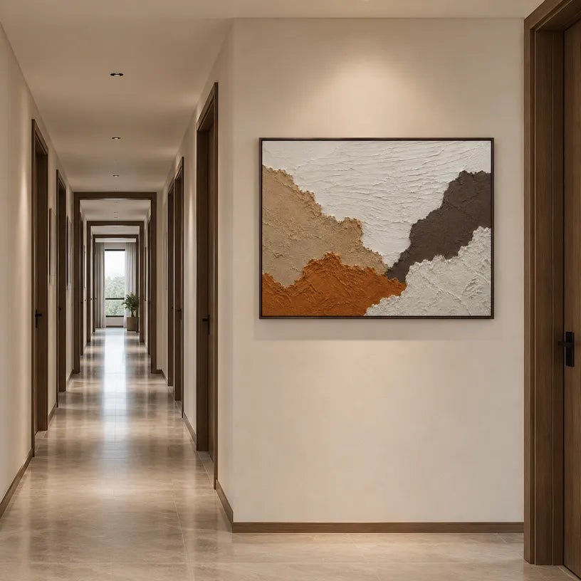Wabi-Sabi abstract oil painting showing layered abstract marks, texture and expressive painterly movement in a brown palette.