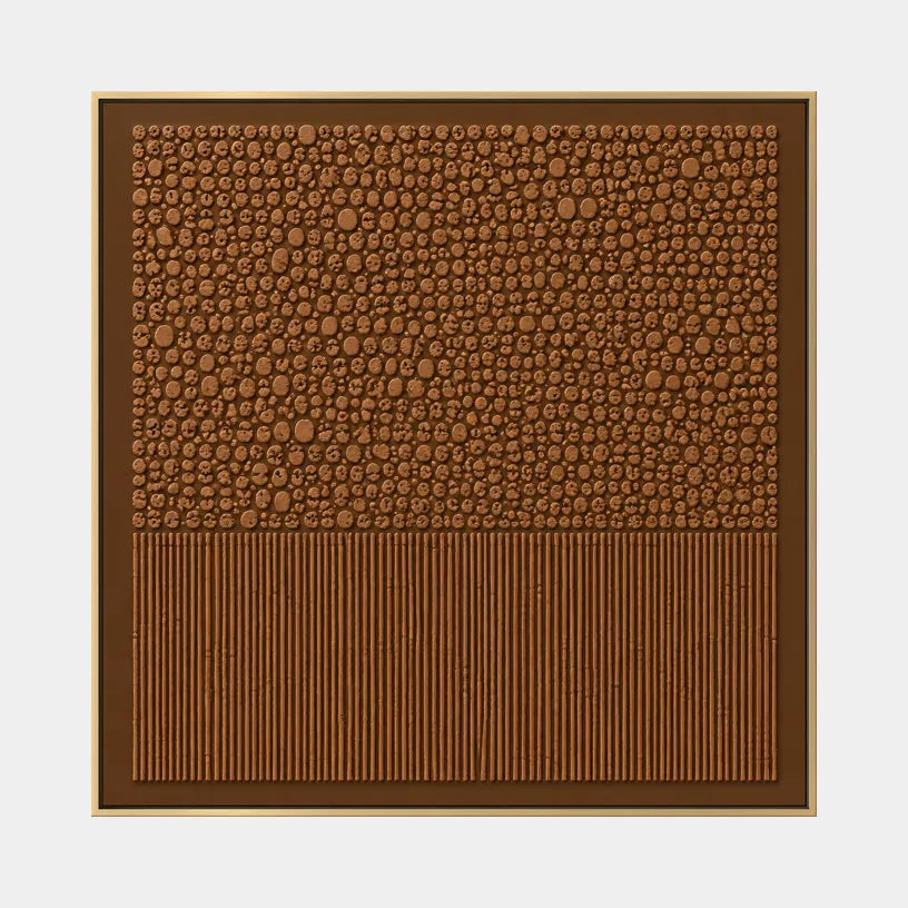 Wabi-Sabi abstract oil painting showing layered abstract marks, texture and expressive painterly movement in a brown palette.