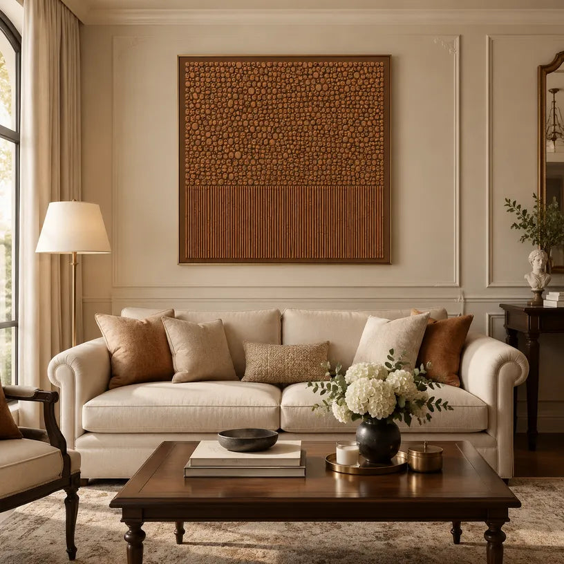 Wabi-Sabi abstract oil painting showing layered abstract marks, texture and expressive painterly movement in a brown palette.