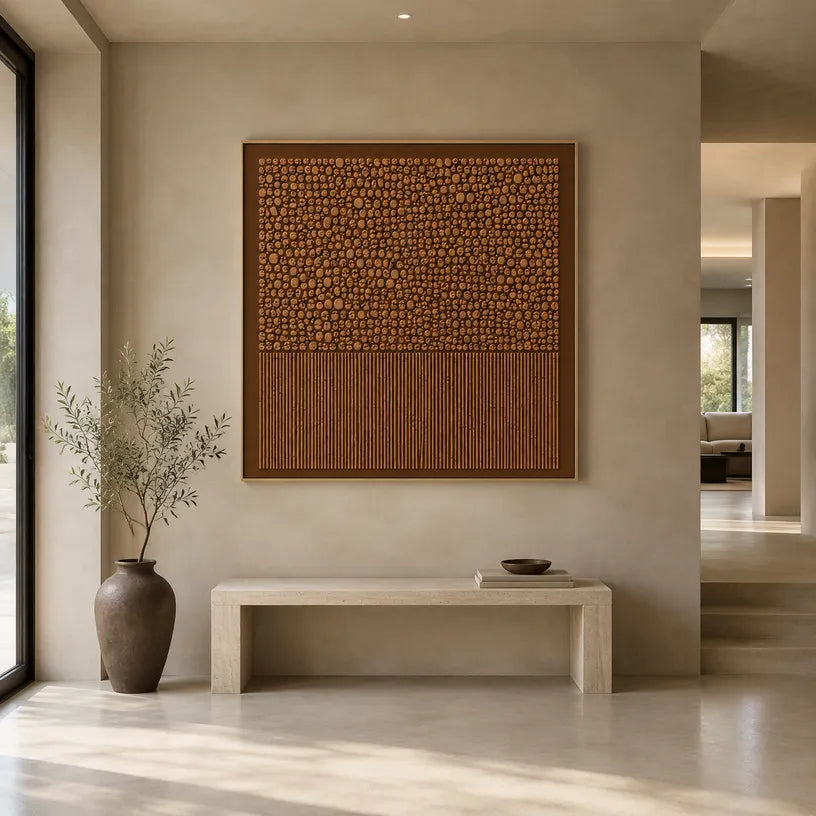 Wabi-Sabi abstract oil painting showing layered abstract marks, texture and expressive painterly movement in a brown palette.